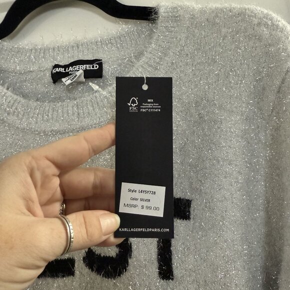 NWT Karl Lagerfeld Silver Fuzzy Gray C'est La Vie Sweater Crewneck Metallic Sz M - Picture 5 of 5